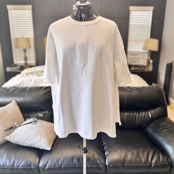Free People White Oversized Slouchy Tee XL Distressed Raw Hem Boho Casual - Picture 2 of 13
